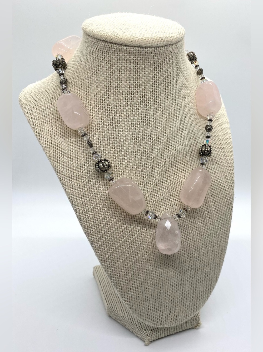 Pink Rose Quartz Beaded Necklace Boho Chunky Summer Coastal Beach Eclectic - Picture 9 of 10